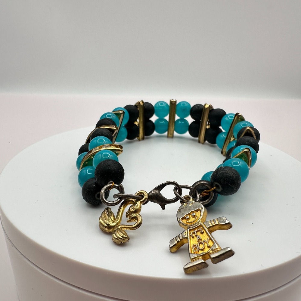 Vintage 80s Turquoise & Black Bead Charm Bracelet - Gold Tone Baby Shower